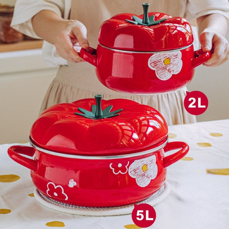 Tomato-shaped Cooking pot with thick enameled flower