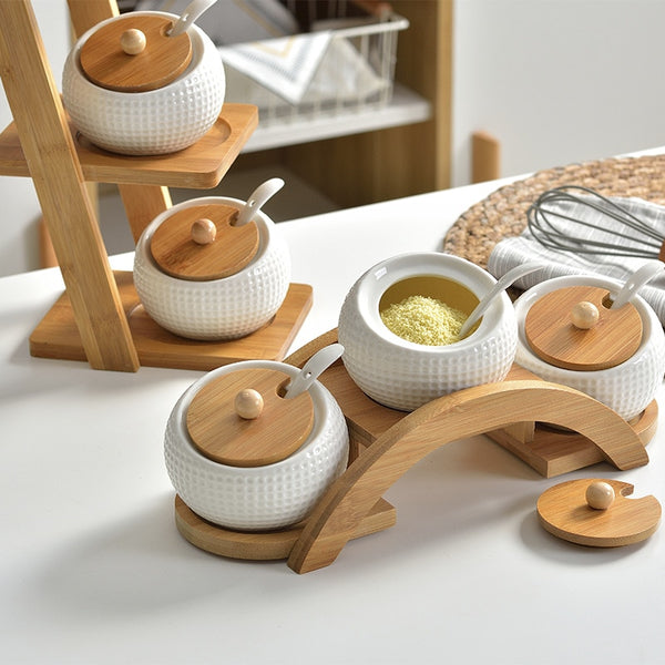 Ceramic Seasoning With Lid And Wooden Base