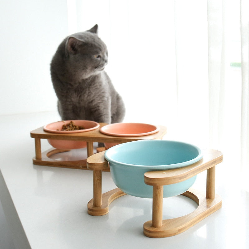 Pet Feeding Bowl With Wood Stand