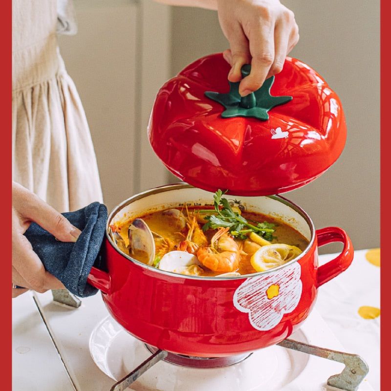 Tomato-shaped Cooking pot with thick enameled flower