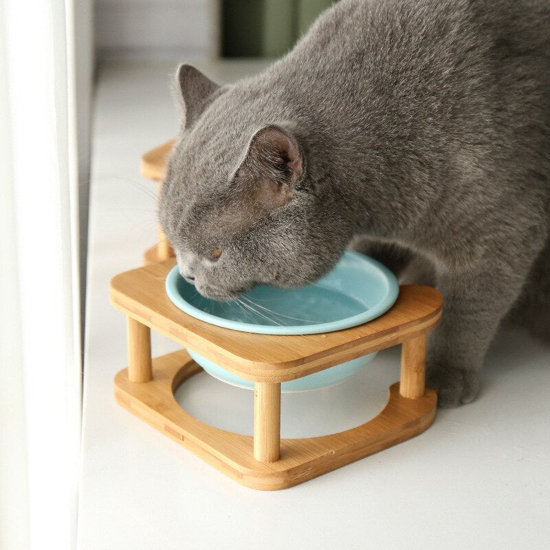 Pet Feeding Bowl With Wood Stand