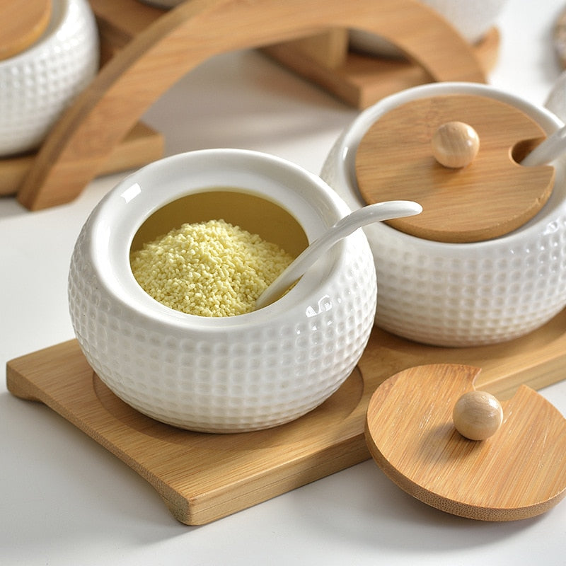 Ceramic Seasoning With Lid And Wooden Base