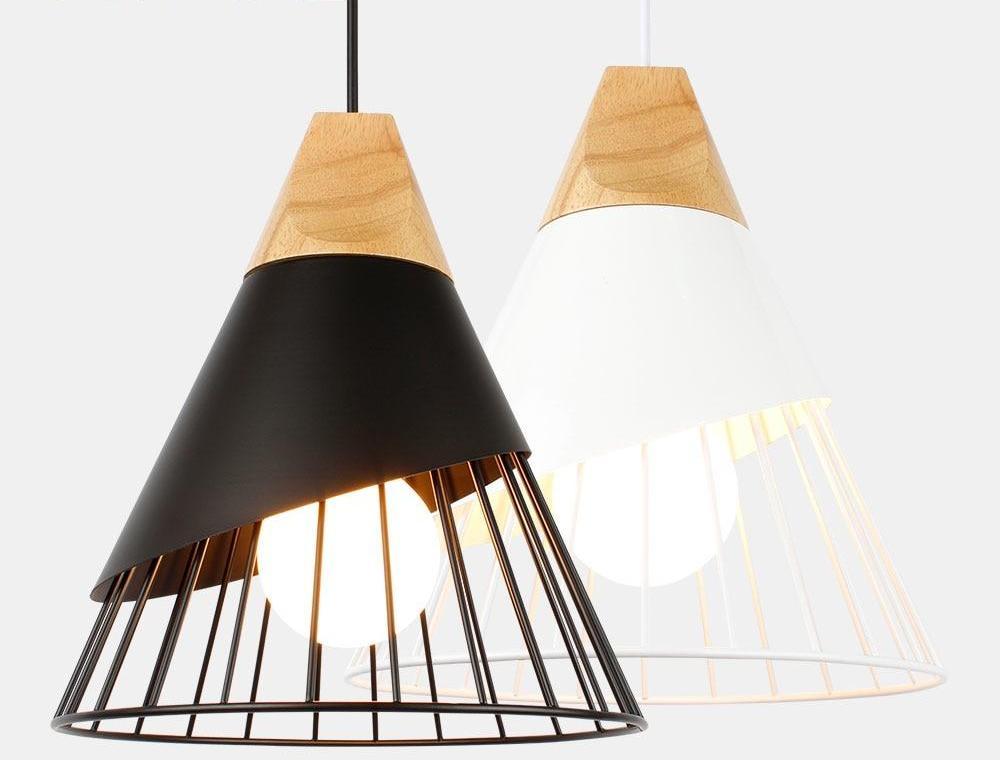 Wooden Base Iron Cage Hanging Nordic Lamp